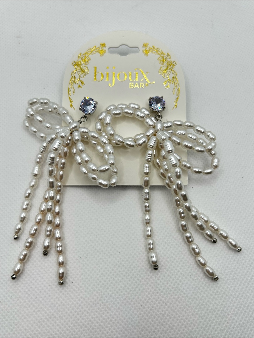 Bijoux Bar Simulated Pearl Bow Drop Earrings Silver Tone NWT